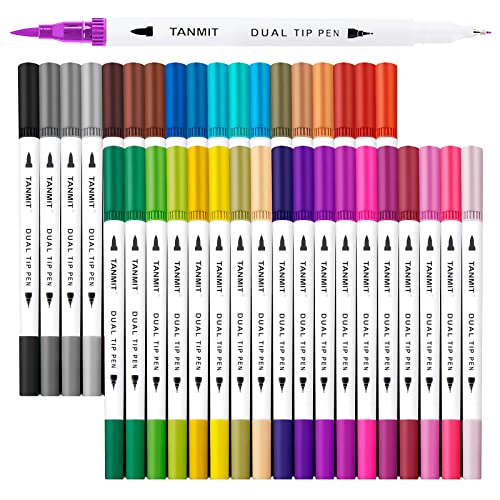 Dual Brush Marker Pens for Coloring Books, Tanmit Fine Tip Coloring Marker & Brush Pen Set for Journaling Note Taking Writing Planning Art Project