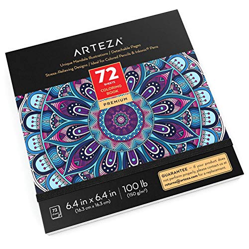 Arteza Adult Coloring Book, 6.4 x 6.4 Inches, Mandala Designs, 72 Sheets, 100 lb Paper, Detachable Pages, Black Outlines, Art Supplies for Relaxing, Reflecting, and Decompressing