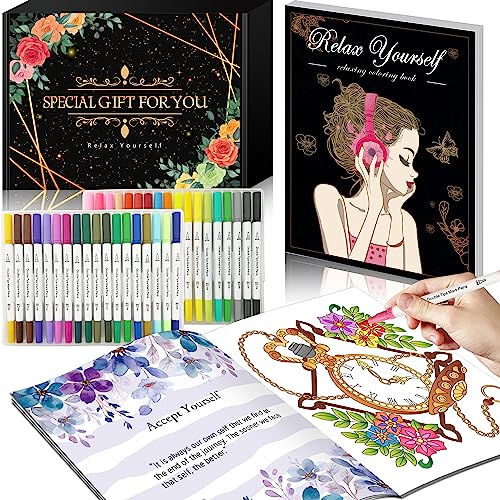 Kalysky Mindfulness Coloring Book for Women with 36 Markers,Coloring Books Set for Adults Relaxation,Relaxation Gifts for Women,Comfort Gifts Funny Gifts