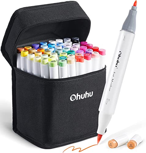 Ohuhu Alcohol Brush Markers - Double Tipped Sketch Art Marker Set for Artist Adults Coloring Illustration- 48 Colors- Brush & Fine Dual Tips, Honolulu B of Ohuhu Markers- Alcohol-based Refillable Ink