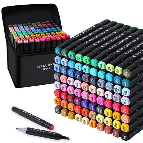 WELLOKB Alcohol Markers, 80 Dual Tip Permanent Art Markers for Coloring, Illustrations, and Sketching, Includes Case for Easy Storage, Alcohol, Based Ink Ideal for Book Painting and Card Making